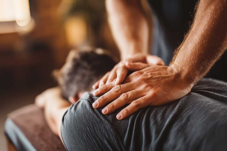 A person sitting at a desk, gently stretching their neck while touching their jaw with one hand.